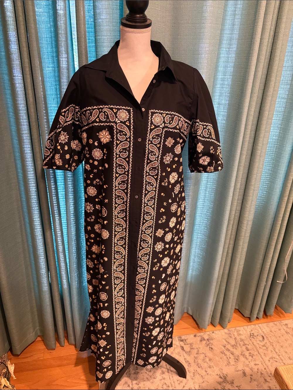 J. Crew Bandana Print Black Midi Dress with Cream